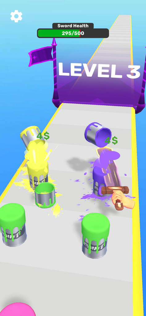 A sword slicing through purple paint cans in Sword Melter mobile game level 3