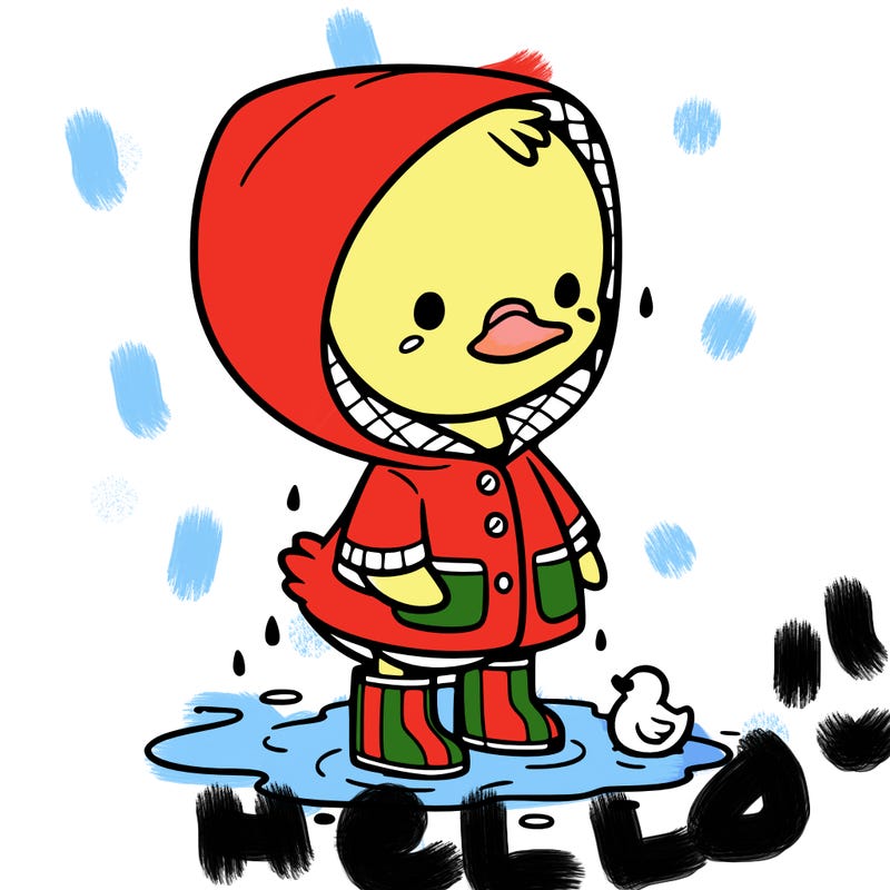 baby duck in a rain coat and boots, in a puddle while it’s raining