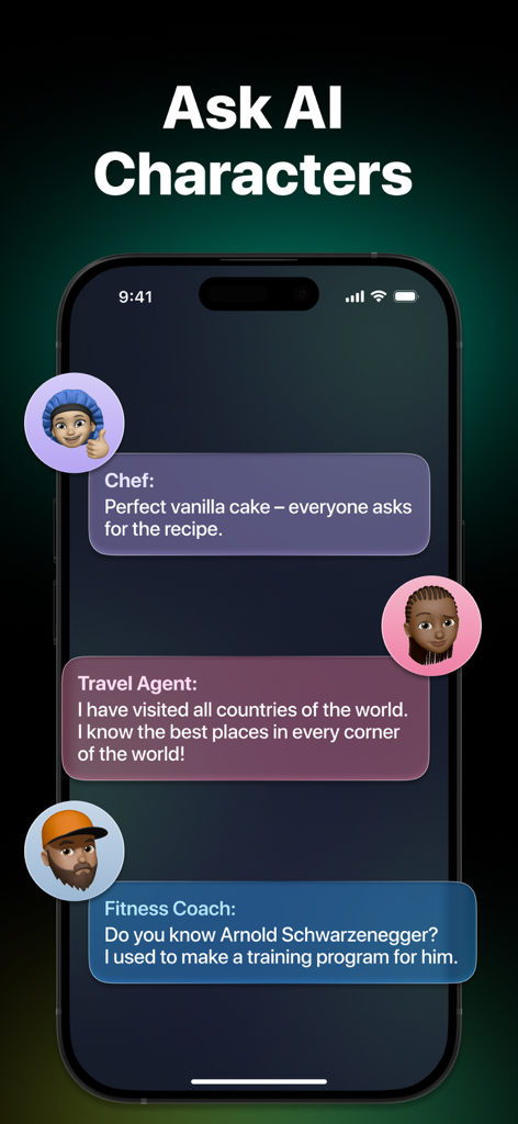 Mobile app interface showing AI character personas for cooking travel and fitness coaching