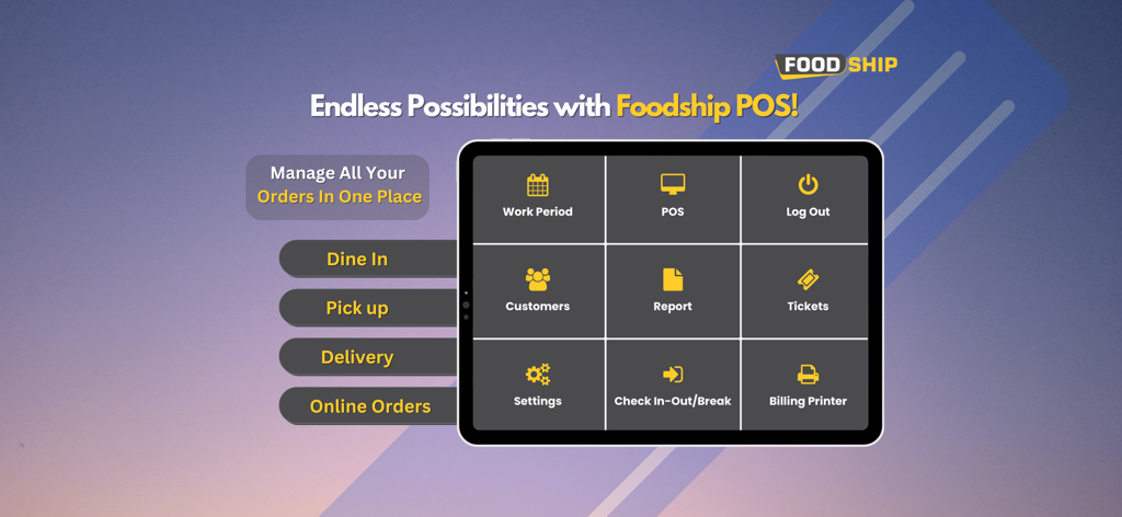 Foodship POS - Foodship POS app interface on a tablet showing various restaurant management tools like order tracking, reporting, and printer settings.