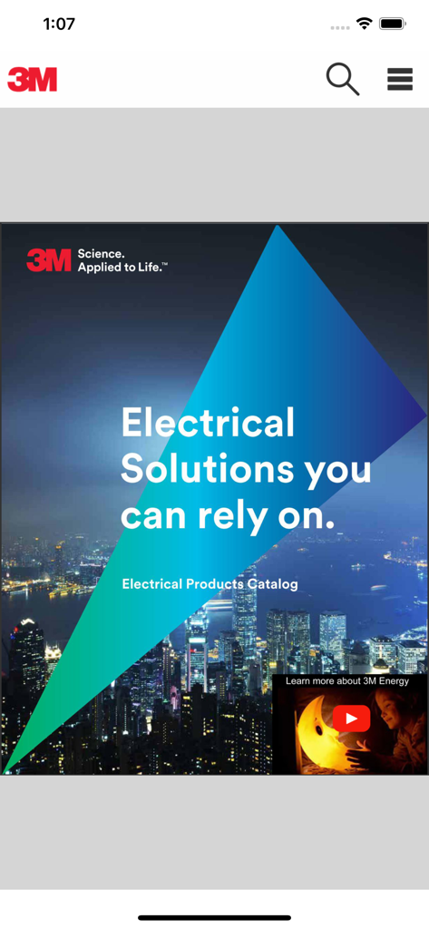 The home screen of the 3M Electrical app featuring the electrical products catalog over a cityscape background.