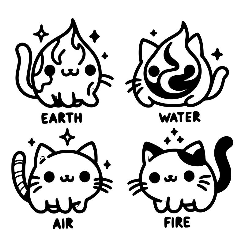 4 cats that represent the different elements, earth, water, air, and fire