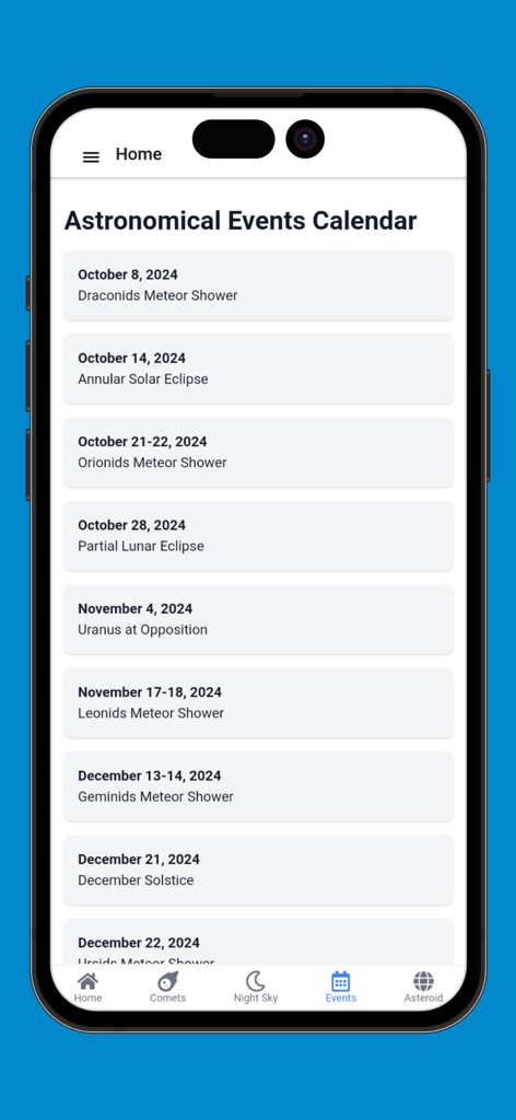 Comet Tracker App - Astronomical events calendar in the Comet Tracker App showing upcoming meteor showers and solar eclipses
