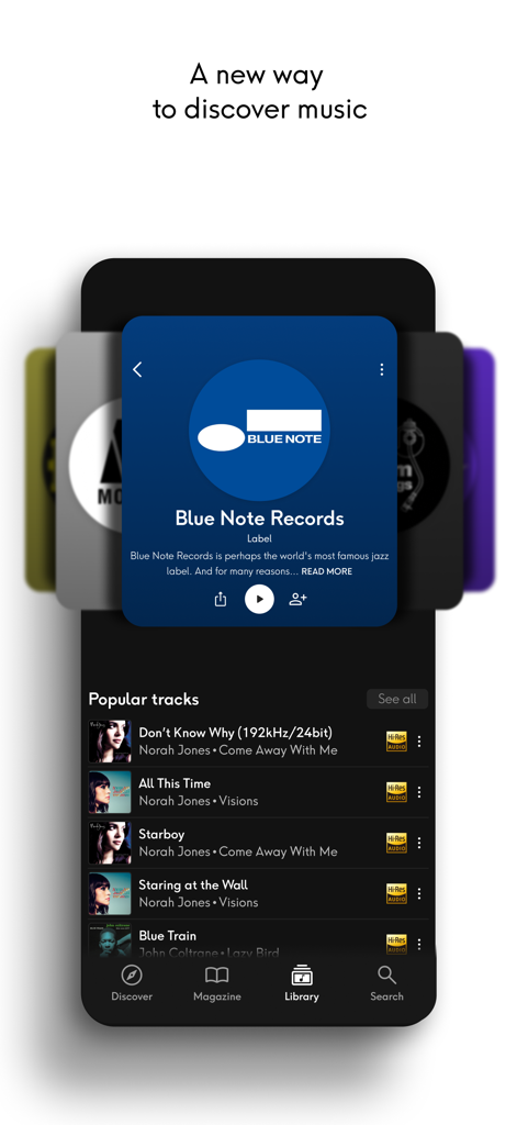 Qobuz: Music & Editorial - Interfaz de la aplicación Qobuz que muestra el sello Blue Note Records y pistas de audio de alta resolución.