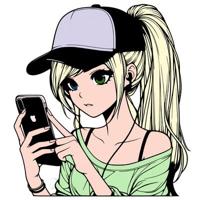 realistic girl with a long ponytail and trucker hat holding an iphone