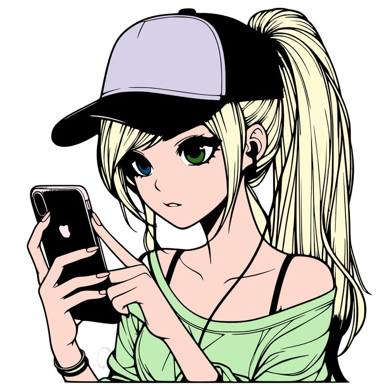realistic girl with a long ponytail and trucker hat holding an iphone