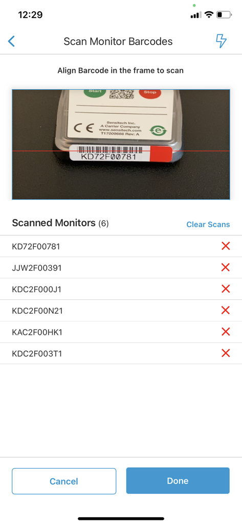 TempTale App - TempTale app barcode scanning screen showing a camera viewfinder and a list of scanned monitor IDs with alarm status indicators