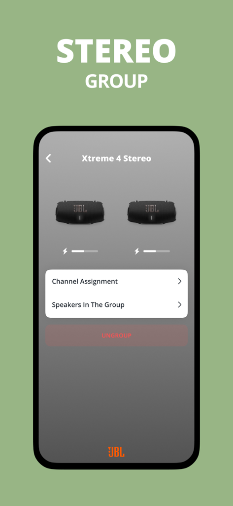 JBL Portable app interface showing two speakers paired in a stereo group.