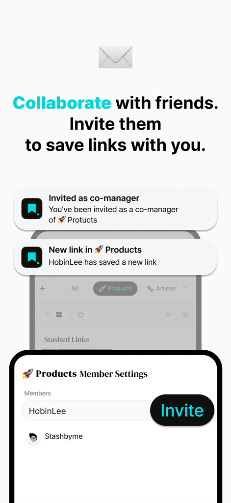 Stashby: Bookmark Manager - Interface showing how to collaborate and invite friends to share links in Stashby