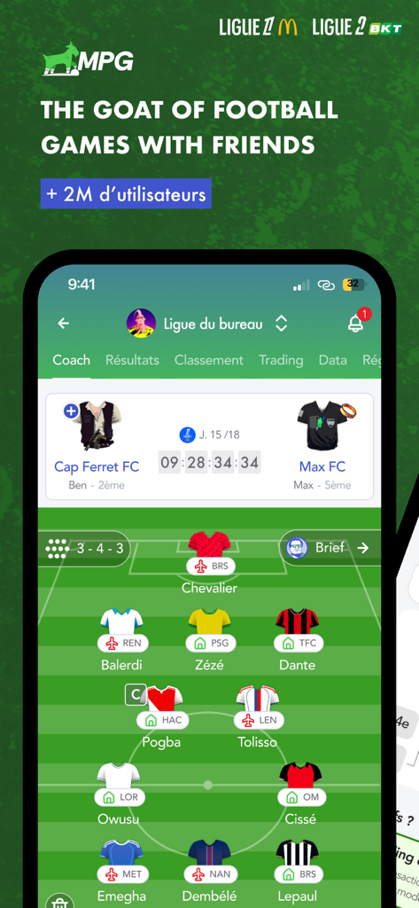 MPG Football - MPG Football app interface showing a fantasy soccer team lineup in a 3-4-3 formation with player names and icons