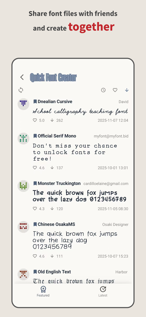 Quick Font Creator - Mobile app interface showing a featured list of custom user-created fonts available for sharing and download