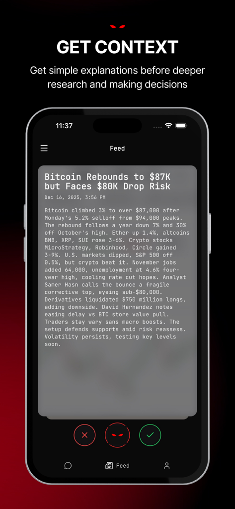 Mobile app screen showing a Bitcoin market news headline with a simplified summary and swipe-to-action buttons.