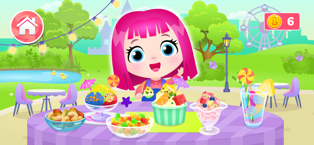 Pink-haired cartoon character at a table with various colorful ice cream desserts and toppings in a park setting