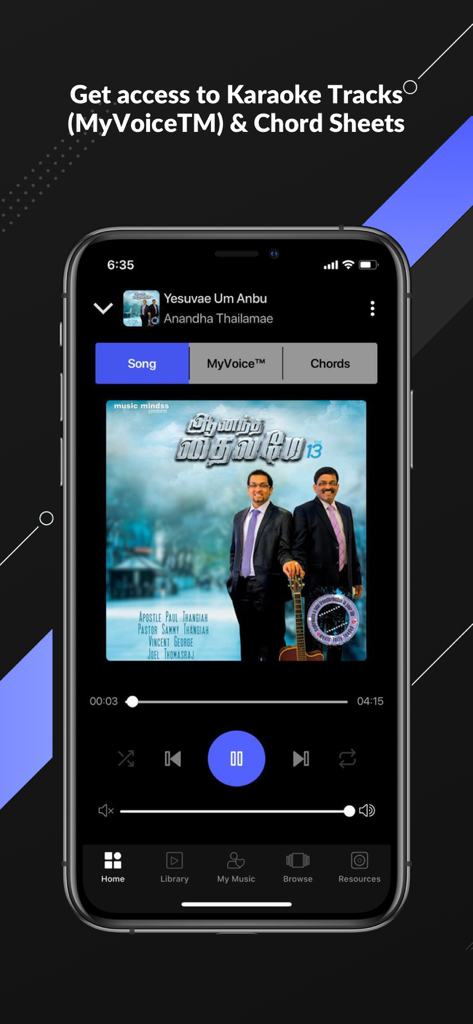 God Music - God Music app player interface with karaoke tracks and chord sheets