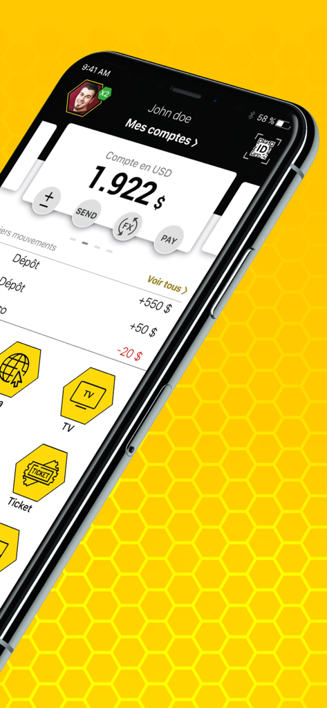 FlashApp - Smartphone screen showing the FlashApp dashboard with a USD balance and recent transactions.