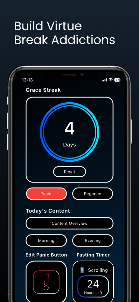 Saint Steps app dashboard featuring a grace streak counter and habit tracking tools