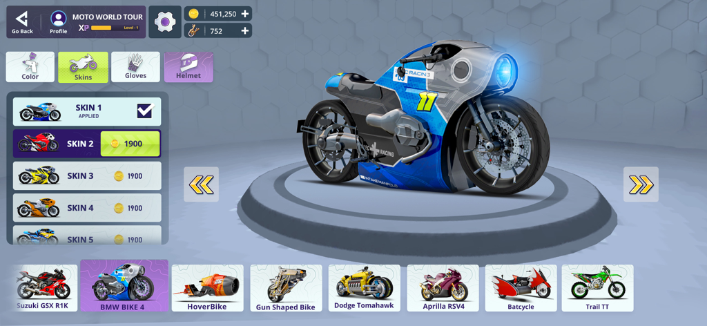 Moto World Tour: Bike Racing - Bike customization screen showing different skins and motorcycle models