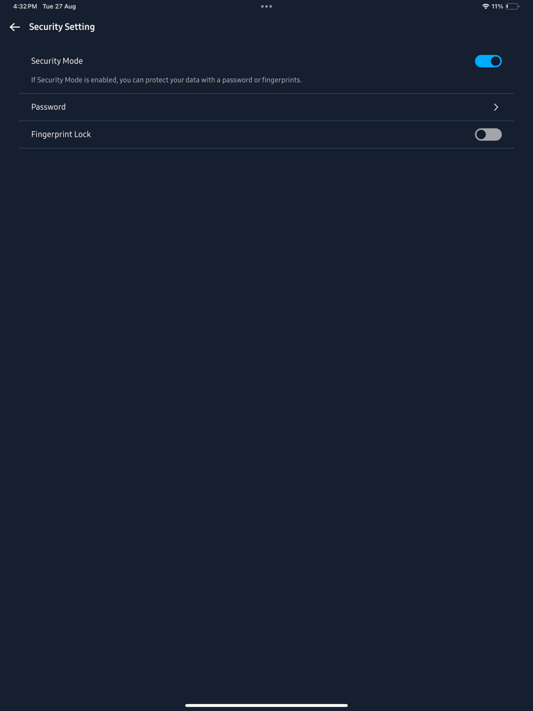 Pantalla de ajustes de seguridad en la aplicación Samsung Magician en iPad mostrando opciones de bloqueo de contraseña y huella dactilar