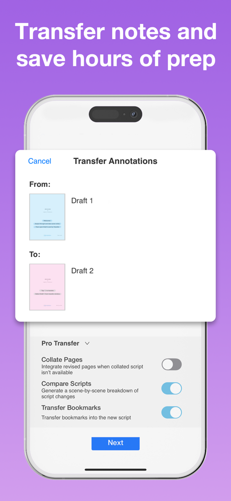 Scriptation: PDF for Film & TV - Scriptation app interface on an iPhone showing the Transfer Annotations tool between two script drafts with pro transfer options