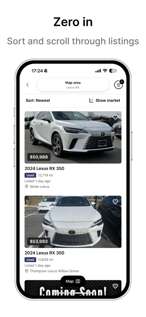 Visor app interface showing a sorted list of car search results for a Lexus RX 350