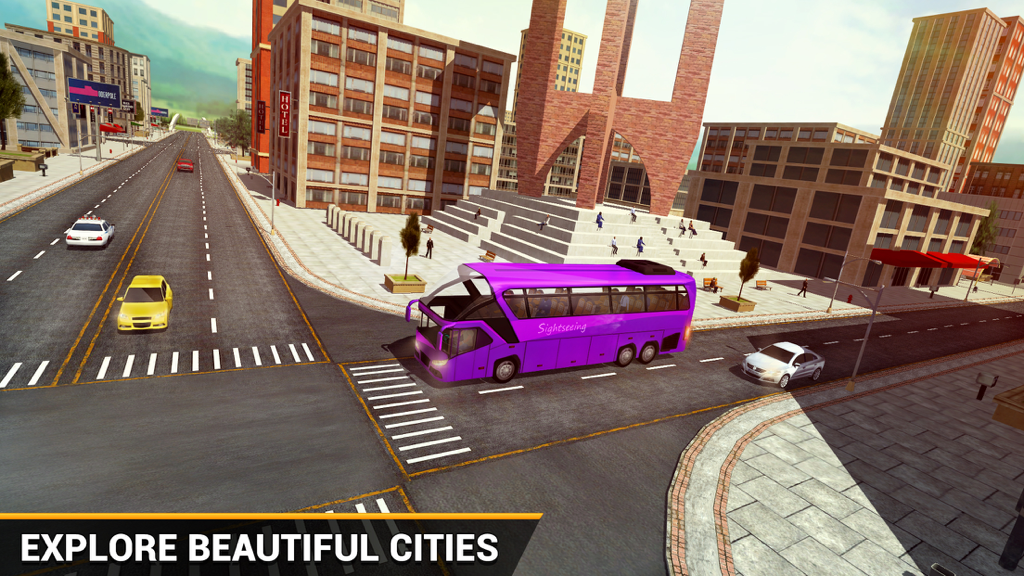 Bus Driver 2019 - Un autobús turístico morado conduciendo por un entorno de ciudad urbana en 3D.