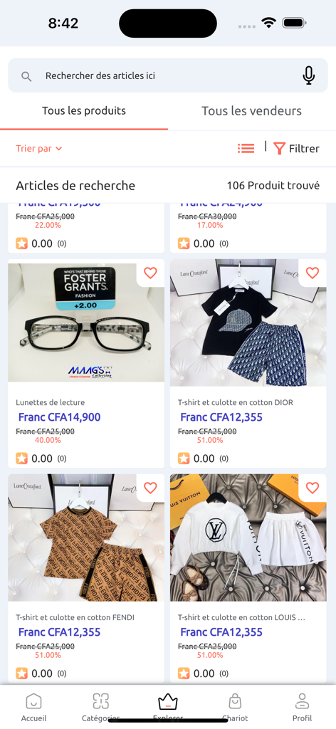 Kasuwa Niger - A screenshot of the Kasuwa Niger app displaying product search results for fashion items