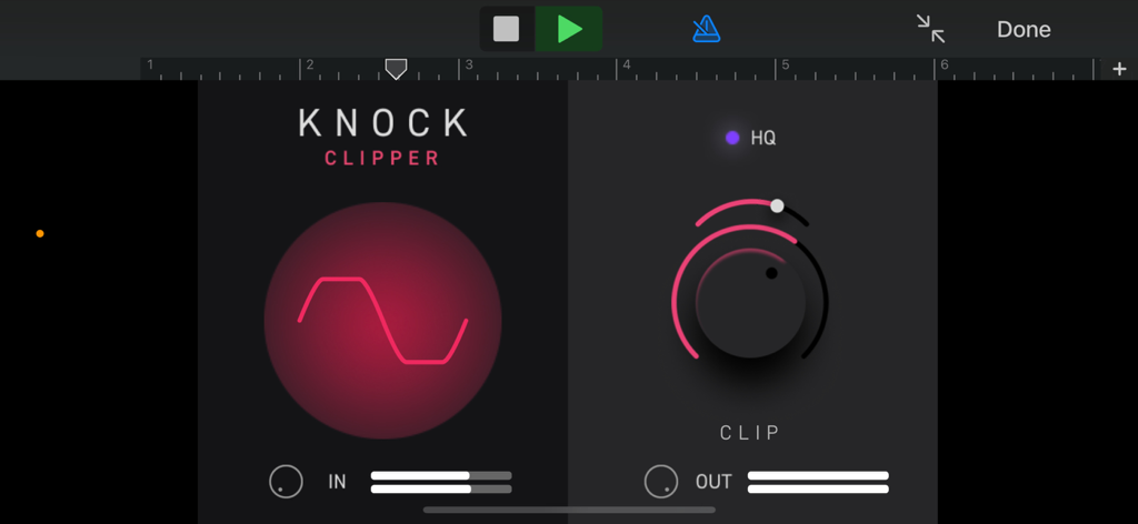 Interface do aplicativo KNOCK Clipper com um botão central de controle de clip e visualizador de forma de onda