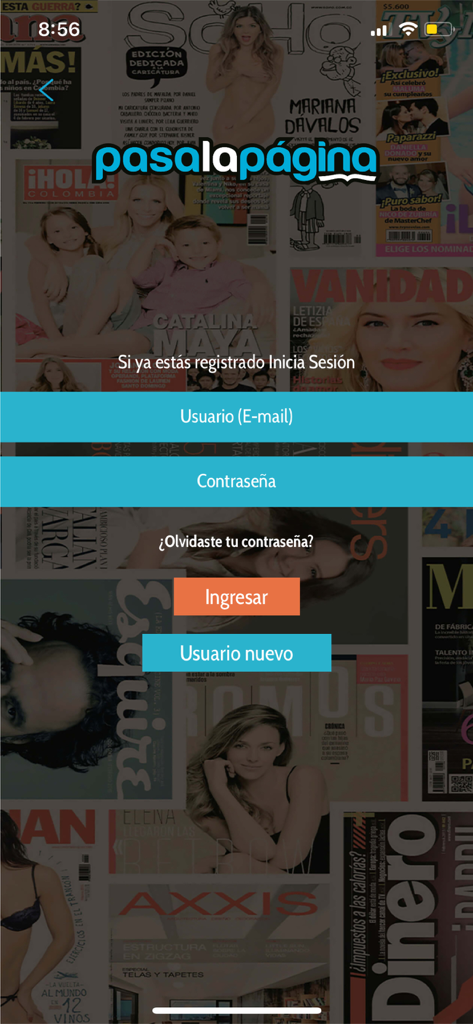 PasaLaPagina mobile app login screen with magazine cover background