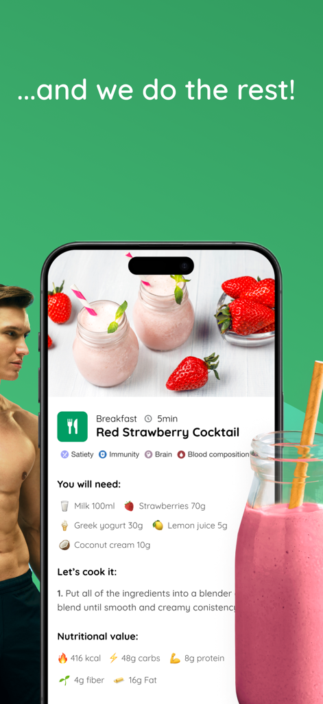 Best.Me mobile app displaying a red strawberry cocktail recipe with ingredients and nutritional values