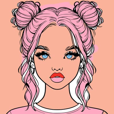 realistic girl with two buns in hair and lips