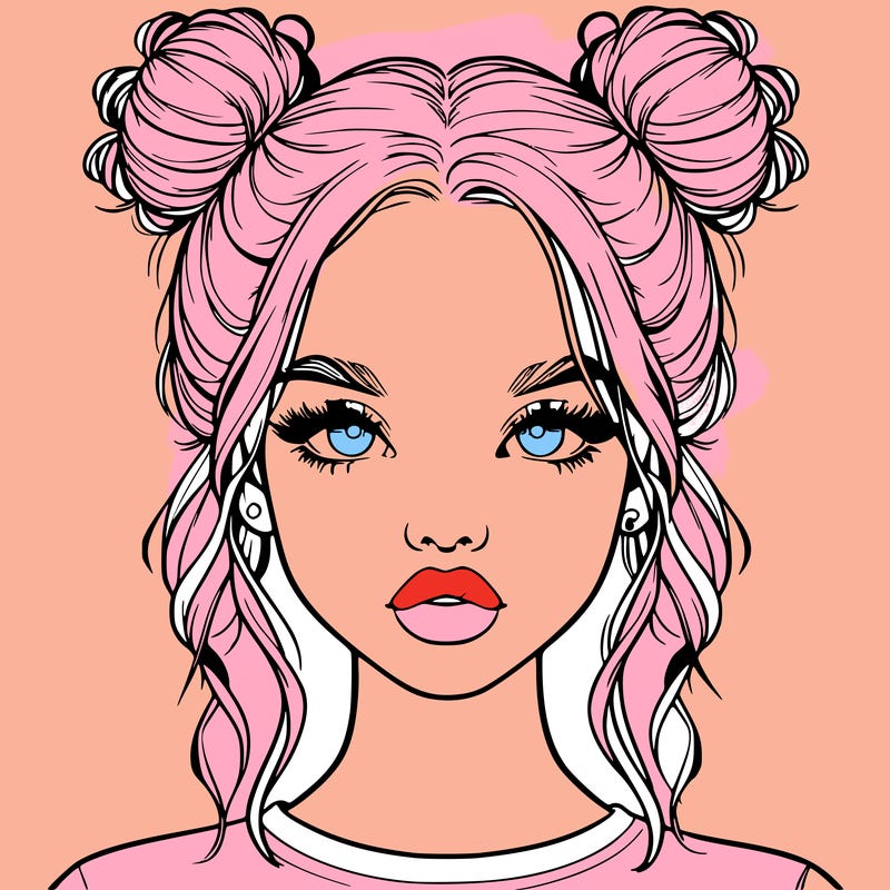 realistic girl with two buns in hair and lips