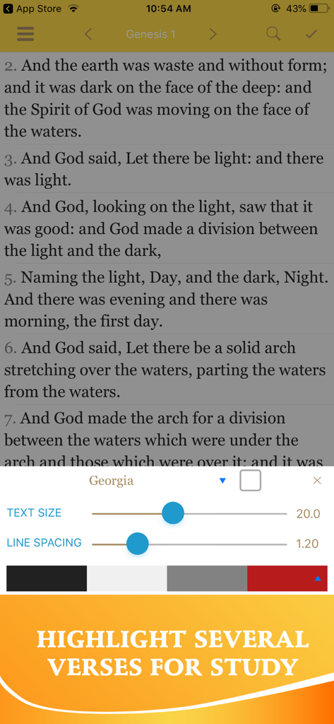 Bible In Basic English - BBE - Interfaz de la aplicación Biblia en Inglés Básico que muestra Génesis 1 con configuraciones de tamaño de texto, espaciado y color de resaltado.
