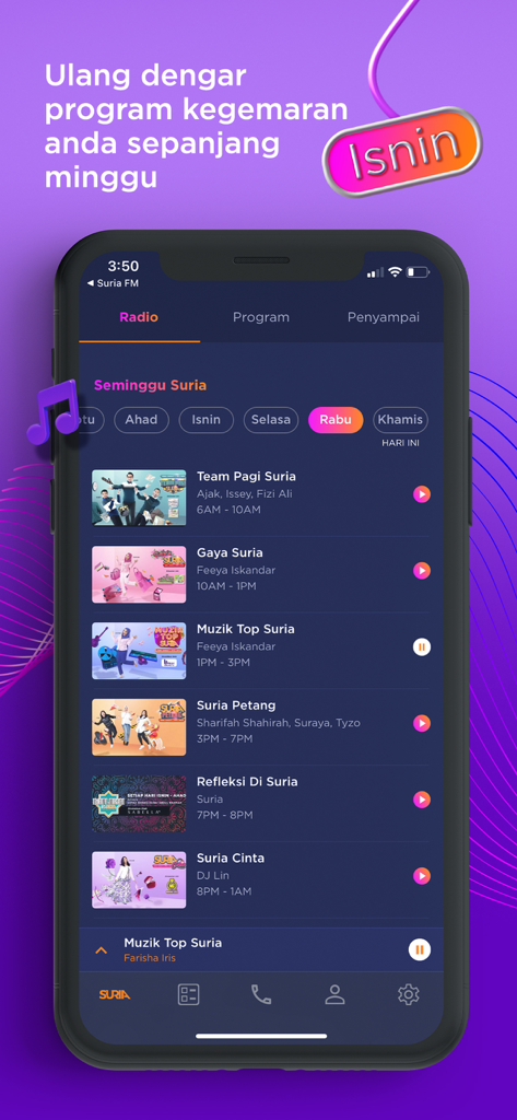 Suria Malaysia - Pantalla de teléfono inteligente que muestra la lista de programas de radio semanales y la función de "ponerse al día" de la aplicación Suria Malaysia