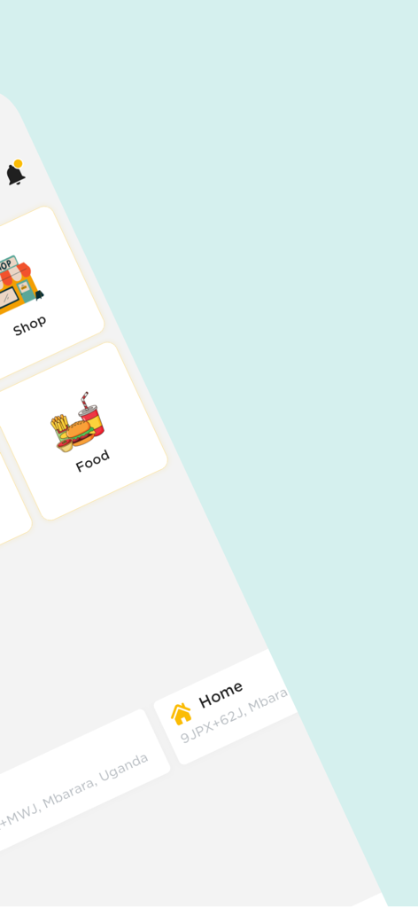 Sibo App - Sibo 앱의 인터페이스는 쇼핑 및 음식 배달 카테고리 아이콘을 보여줍니다.