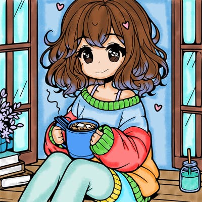 cute anime girl reading book and drinking hot chocolate from mug with loose wavy hair wearing a baggy sweatshirt and shorts sitting by windowsill looking out