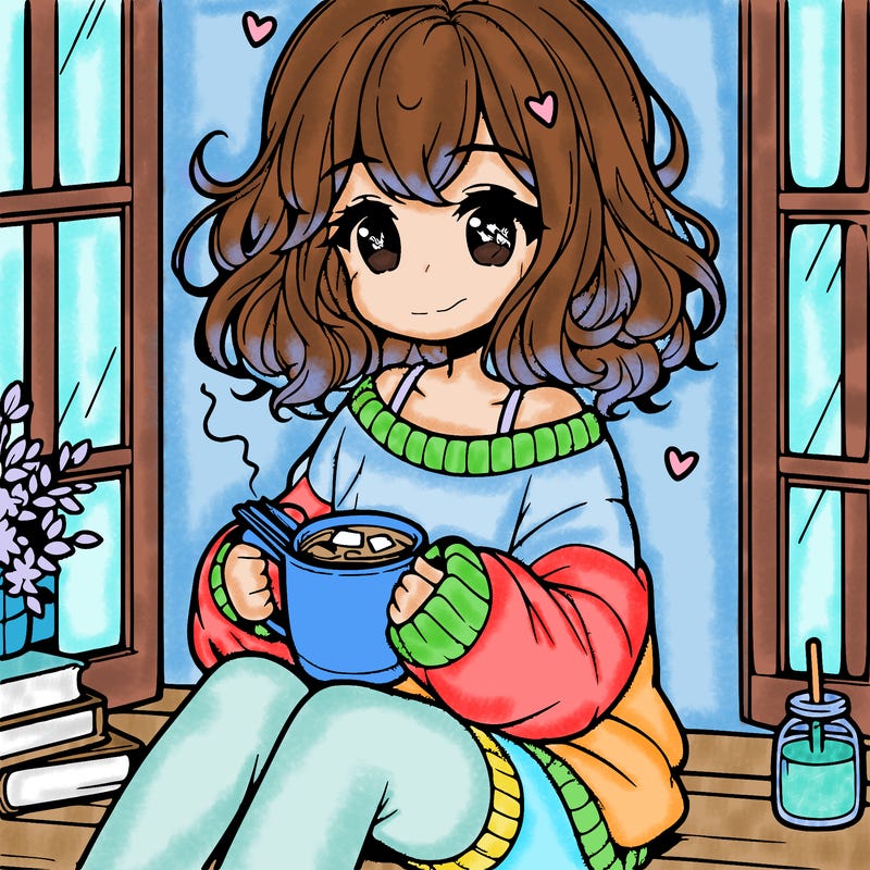 cute anime girl reading book and drinking hot chocolate from mug with loose wavy hair wearing a baggy sweatshirt and shorts sitting by windowsill looking out