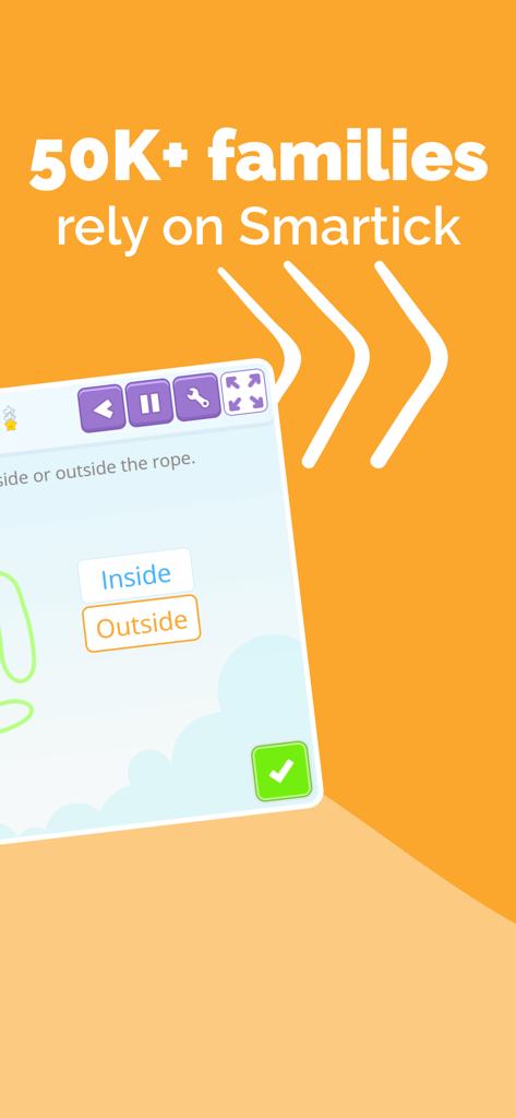 Smartick Kids Learn Math - Smartick math learning app screen showing a spatial reasoning exercise and a message stating that over 50,000 families rely on the platform