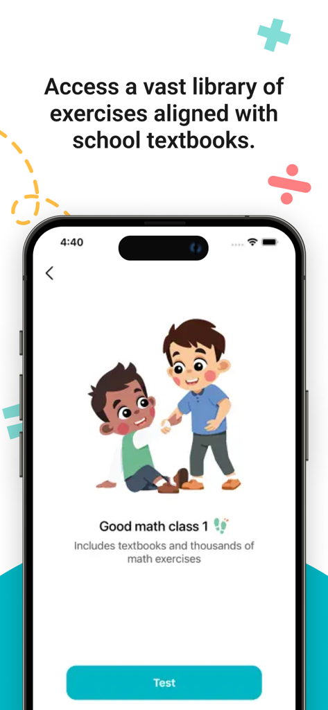 12345 Math Academy Grades 1-5 - Educational app interface showing math exercises aligned with school textbooks