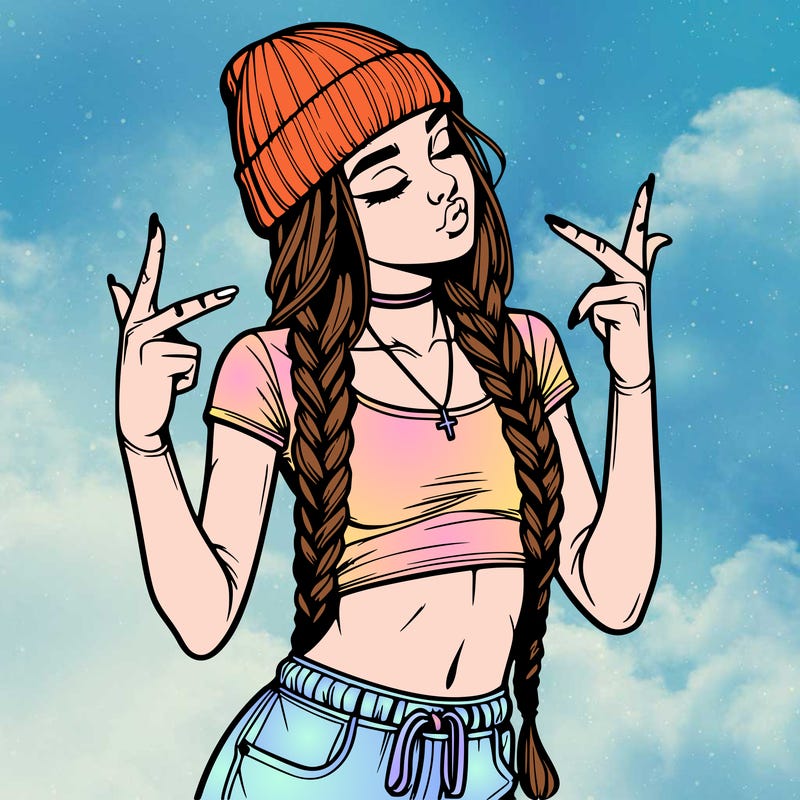 realistic teenage girl with braids and a beanie and crop top doing 🫶🏼