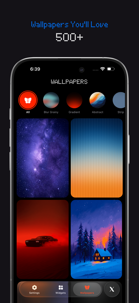 NewThing Widgets Pro - A gallery of high-quality aesthetic wallpapers within the NewThing Widgets Pro app interface featuring diverse themes like space, nature, and gradients.