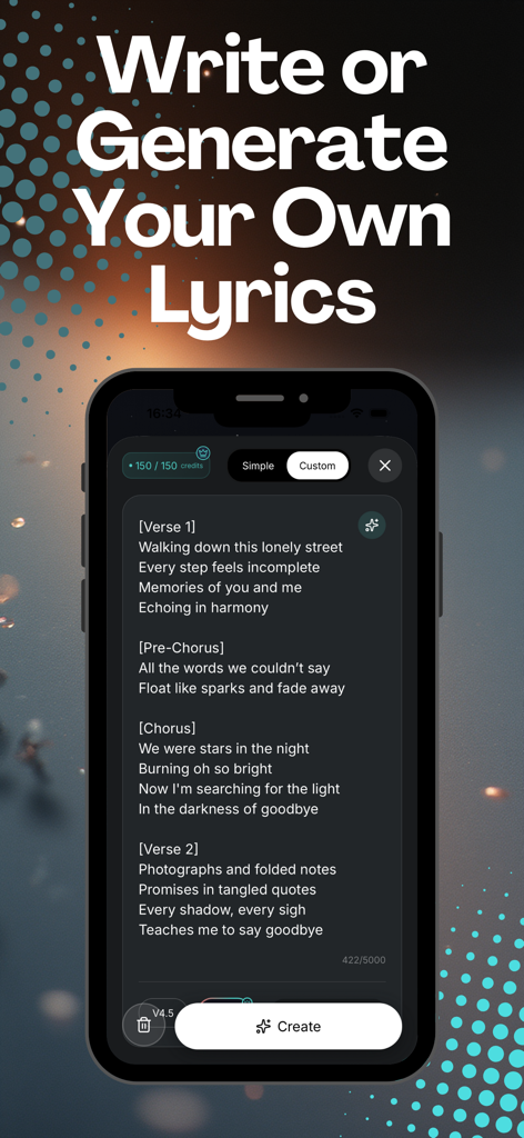 HyperMusic AI: Songs & Beats - Mobile app interface showing AI-powered lyrics generation and custom songwriting editor.