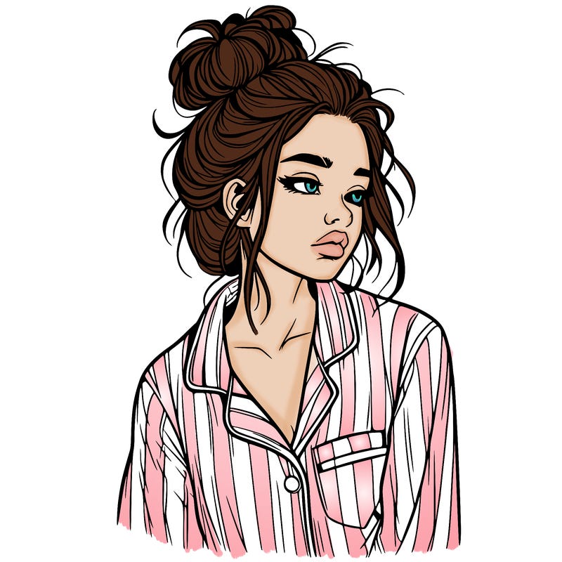 realistic woman with pajamas on and a messy bun