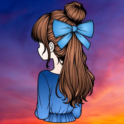realistic girl  with hip length hair a bun and a big bow on the back of head