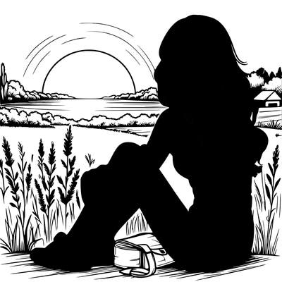 realistic girl sitting and watching the sunset