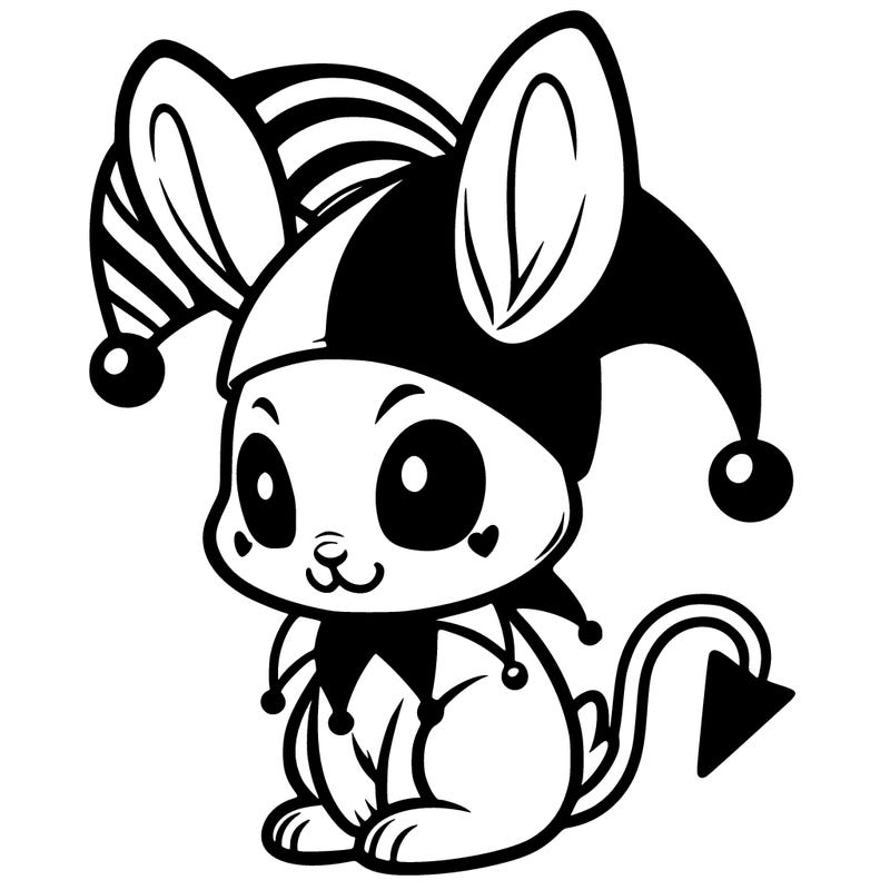 a rabbit purple eyes, a devil-like tail and wears a black jester's hat with pointed ears.