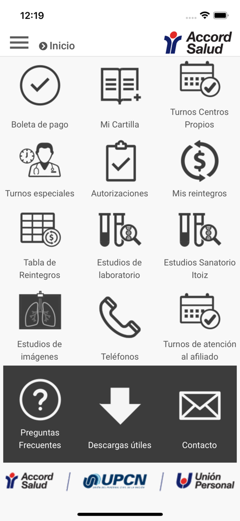 Accord salud - Menú principal de la app móvil Accord Salud con opciones para turnos médicos, facturación y servicios de salud