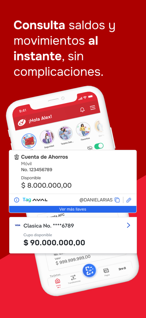 AV Villas App - Tableau de bord de l'application AV Villas affichant les soldes des comptes d'épargne et des cartes de crédit.