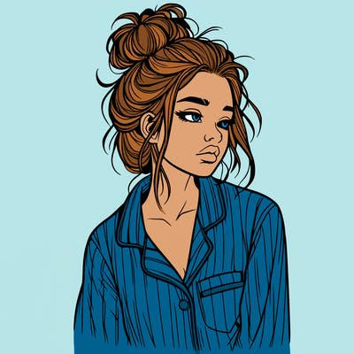 realistic woman with pajamas on and a messy bun