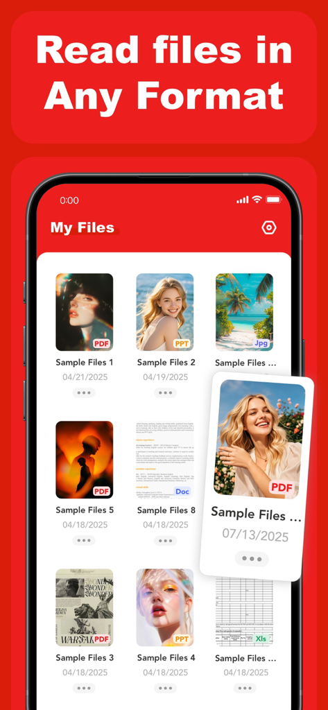 PDF Converter – Scan & Edit - Schermata dello smartphone che mostra la sezione File del mio dell'app PDF Converter con supporto per i formati PDF, Word, Excel e PowerPoint