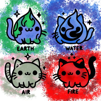 4 cats that represent the different elements, earth, water, air, and fire